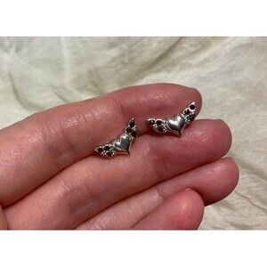 Silver Tone Hearts with Wings and Garnet Colored Stone Earrings